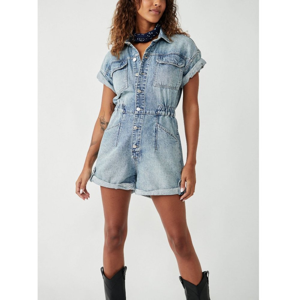 Free People Denim Blue Romper Shorts